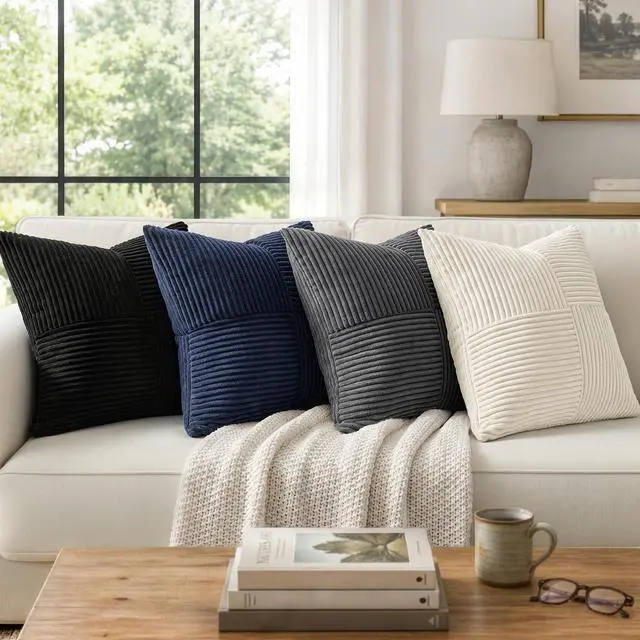 Alt view image 4 of 7 - Black Decorative Throw Pillow Covers for Couch 18x18 Inch | 2 Pack, Boho Farmhouse Pillow Covers, Soft Cross Corduroy Patchwork Textured Cushion Cases For Bed Sofa