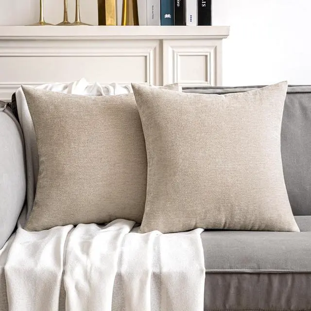 Main image of Pack of 2 Beige Decorative Pillow Covers 18x18 Inch | Soft Chenille Couch Throw Pillows Farmhouse Cushion Covers for Home Decor Sofa Bedroom Living Room