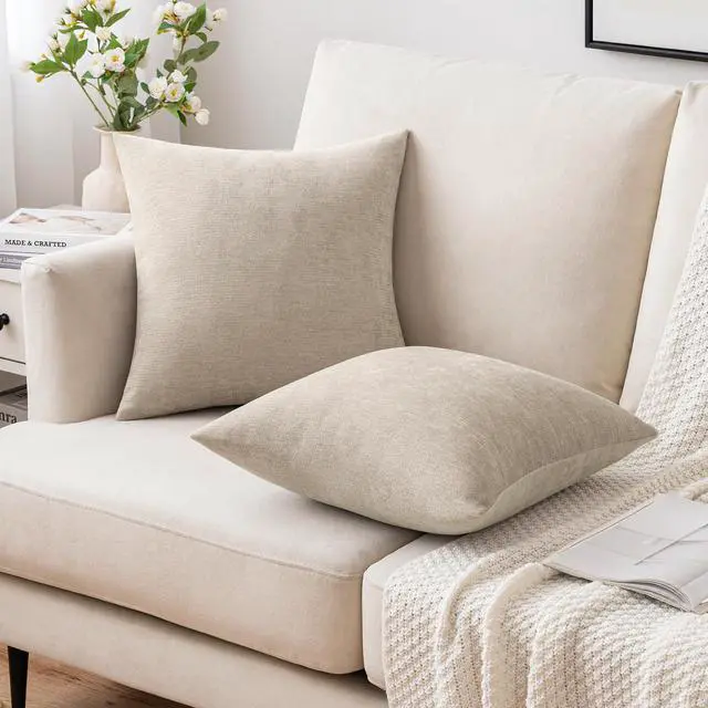 Alt view image 4 of 7 - Pack of 2 Beige Decorative Pillow Covers 18x18 Inch | Soft Chenille Couch Throw Pillows Farmhouse Cushion Covers for Home Decor Sofa Bedroom Living Room