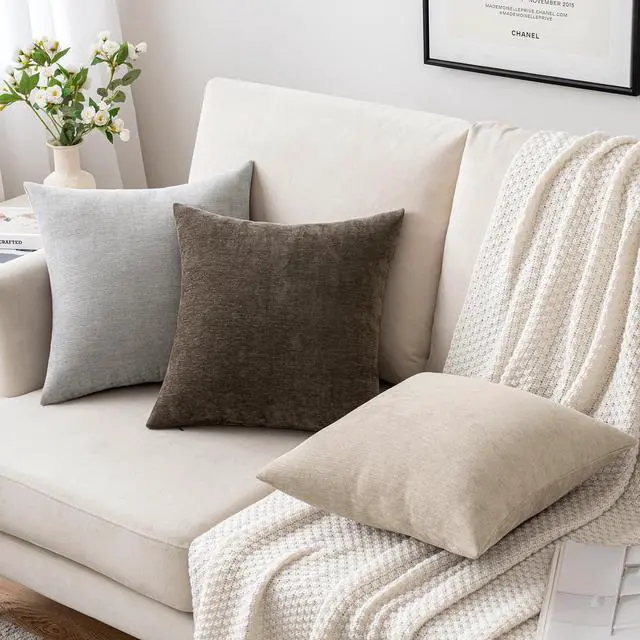 Alt view image 5 of 7 - Pack of 2 Beige Decorative Pillow Covers 18x18 Inch | Soft Chenille Couch Throw Pillows Farmhouse Cushion Covers for Home Decor Sofa Bedroom Living Room