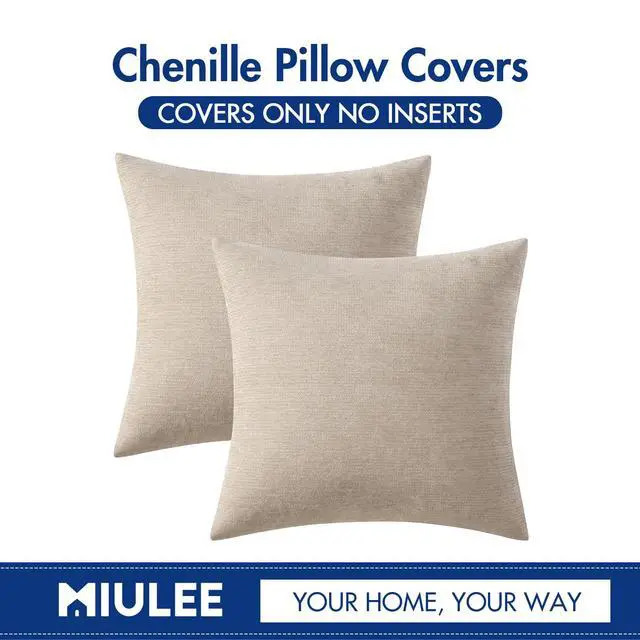 Alt view image 6 of 7 - Pack of 2 Beige Decorative Pillow Covers 18x18 Inch | Soft Chenille Couch Throw Pillows Farmhouse Cushion Covers for Home Decor Sofa Bedroom Living Room