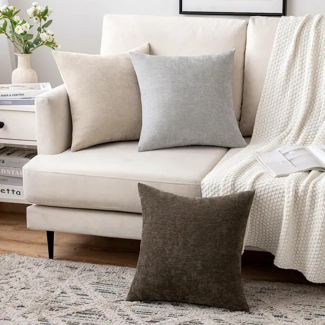 Alt view image 7 of 7 - Pack of 2 Beige Decorative Pillow Covers 18x18 Inch | Soft Chenille Couch Throw Pillows Farmhouse Cushion Covers for Home Decor Sofa Bedroom Living Room