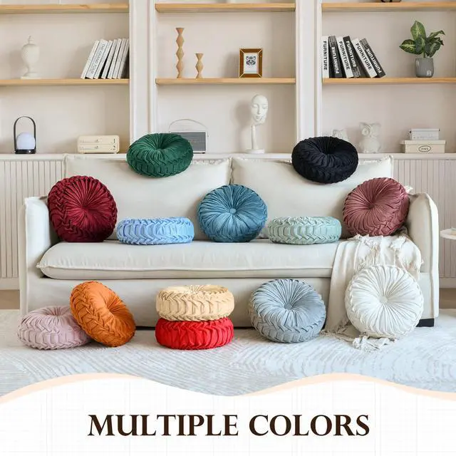 Alt view image 3 of 7 - Round Throw Pillow Velvet Home Decoration Pleated Round Pillow Cushion for Couch Chair Bed Car Orange | Orange round velvet decor throw pillow,soft boho circle pillow cushion,for couch,chair,bed,car