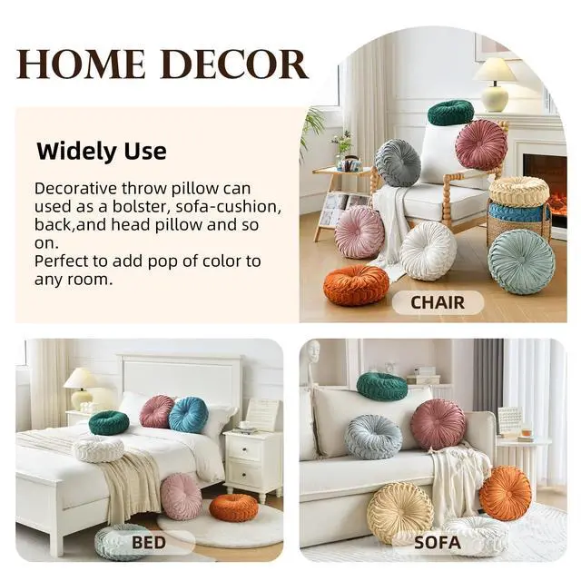 Alt view image 4 of 7 - Round Throw Pillow Velvet Home Decoration Pleated Round Pillow Cushion for Couch Chair Bed Car Orange | Orange round velvet decor throw pillow,soft boho circle pillow cushion,for couch,chair,bed,car