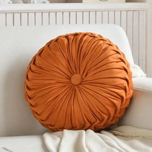 Alt view image 7 of 7 - Round Throw Pillow Velvet Home Decoration Pleated Round Pillow Cushion for Couch Chair Bed Car Orange | Orange round velvet decor throw pillow,soft boho circle pillow cushion,for couch,chair,bed,car