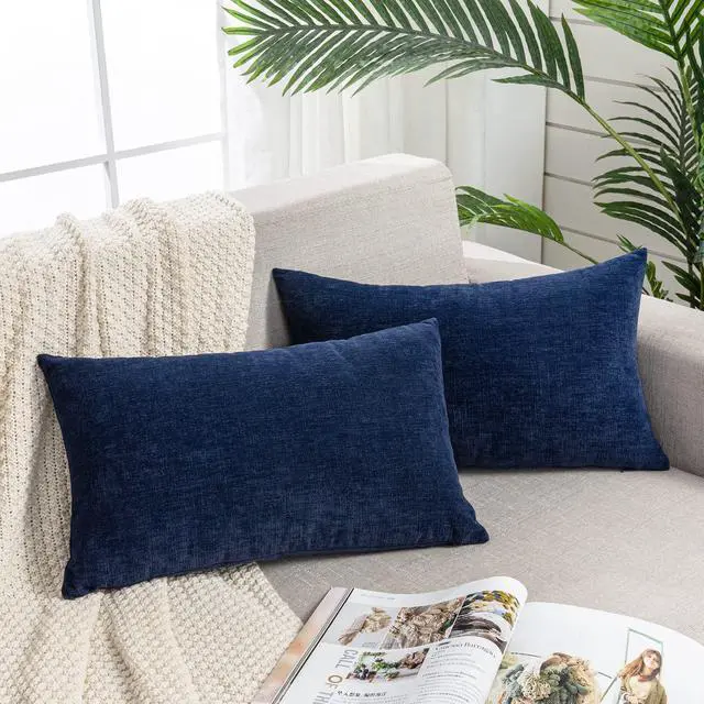 Main image of Lumbar Support Pillow Decorative Rectangle Throw Pillow Covers 12"x20" Inch Set of 2, Soft Chenille Pillowcase for Living Room Bedroom Sofa Couch Cushion Cover Navy Blue 30x50cm (ONLY Covers)