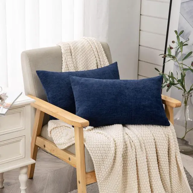 Alt view image 3 of 7 - Lumbar Support Pillow Decorative Rectangle Throw Pillow Covers 12"x20" Inch Set of 2, Soft Chenille Pillowcase for Living Room Bedroom Sofa Couch Cushion Cover Navy Blue 30x50cm (ONLY Covers)