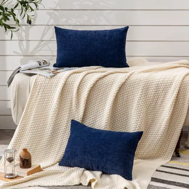 Alt view image 5 of 7 - Lumbar Support Pillow Decorative Rectangle Throw Pillow Covers 12"x20" Inch Set of 2, Soft Chenille Pillowcase for Living Room Bedroom Sofa Couch Cushion Cover Navy Blue 30x50cm (ONLY Covers)