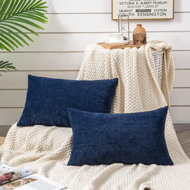 Alt view image 2 of 7 - Lumbar Support Pillow Decorative Rectangle Throw Pillow Covers 12"x20" Inch Set of 2, Soft Chenille Pillowcase for Living Room Bedroom Sofa Couch Cushion Cover Navy Blue 30x50cm (ONLY Covers)
