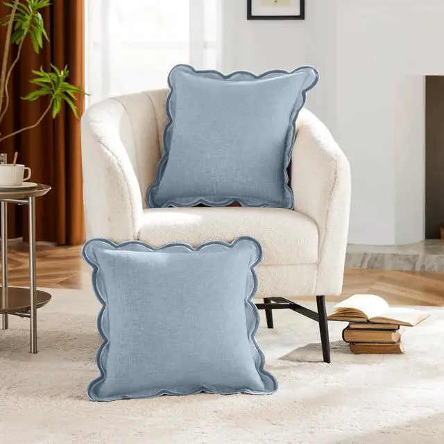 Alt view image 2 of 5 - Scalloped Pillow Cover Pack of 2 Spring Chenille Decorative Throw Pillow Covers Cute Boho Couch Pillow Covers Aesthetic Funky Preppy Pillow Cases for Sofa Living Room (Misty Blue, 18x18 Inch)