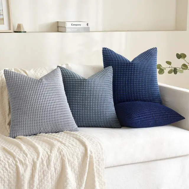 Alt view image 2 of 7 - Decorative Throw Pillow Covers 18x18 Inch Set of 4 Coastal Blue | Boho Western Farmhouse Home Decor, Throw Pillows, Summer Coastal Industrial Corduroy Pillowcases for Sofa Living Room Bed
