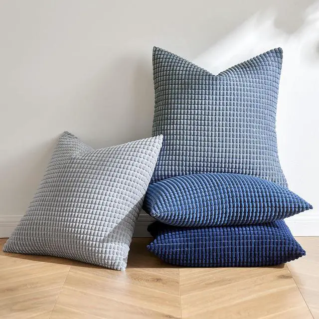 Alt view image 3 of 7 - Decorative Throw Pillow Covers 18x18 Inch Set of 4 Coastal Blue | Boho Western Farmhouse Home Decor, Throw Pillows, Summer Coastal Industrial Corduroy Pillowcases for Sofa Living Room Bed