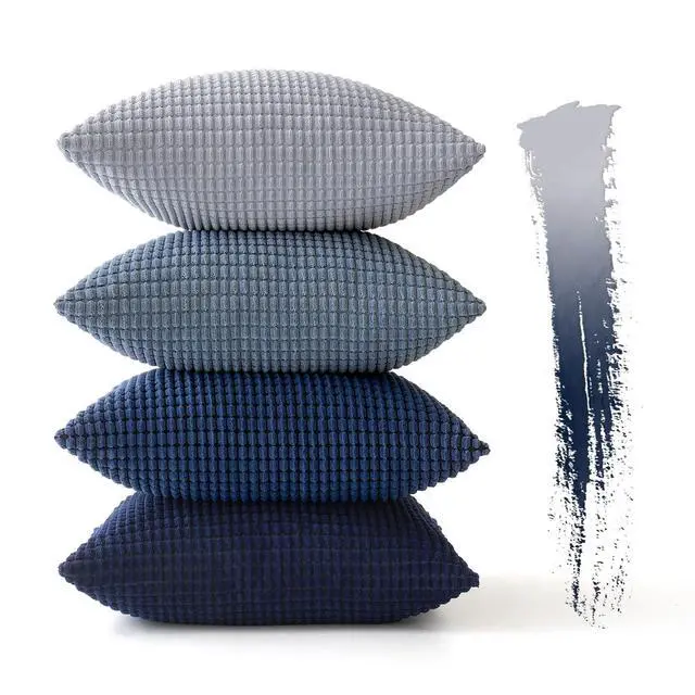 Alt view image 6 of 7 - Decorative Throw Pillow Covers 18x18 Inch Set of 4 Coastal Blue | Boho Western Farmhouse Home Decor, Throw Pillows, Summer Coastal Industrial Corduroy Pillowcases for Sofa Living Room Bed