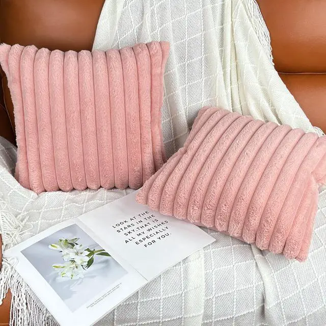 Alt view image 3 of 7 - 18x18 Decorative Faux Fur Throw Pillow Covers Set of 2- Pink | Soft Couch Pillows Decorative for Living Room, Bed, Sofa or Bedroom. Cozy Fluffy Accent Pillowcases for Home Decor.