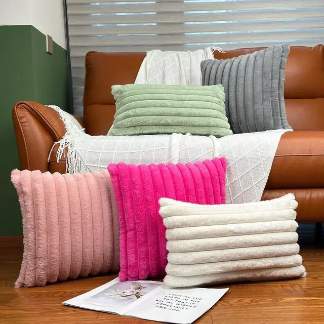 Alt view image 5 of 7 - 18x18 Decorative Faux Fur Throw Pillow Covers Set of 2- Pink | Soft Couch Pillows Decorative for Living Room, Bed, Sofa or Bedroom. Cozy Fluffy Accent Pillowcases for Home Decor.