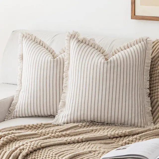 Main image of Throw Pillow Covers 18x18 Boho Striped Pillow Cases with Tassel | Set of 2 Fringe Pillow Cover Farmhouse Cushion Covers Neutral Pillows Decorative Square Pillowcase for Couch Sofa Bed, Khaki