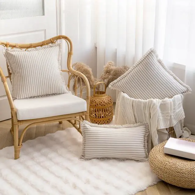 Alt view image 4 of 6 - Throw Pillow Covers 18x18 Boho Striped Pillow Cases with Tassel | Set of 2 Fringe Pillow Cover Farmhouse Cushion Covers Neutral Pillows Decorative Square Pillowcase for Couch Sofa Bed, Khaki