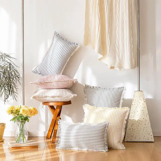 Alt view image 6 of 6 - Throw Pillow Covers 18x18 Boho Striped Pillow Cases with Tassel | Set of 2 Fringe Pillow Cover Farmhouse Cushion Covers Neutral Pillows Decorative Square Pillowcase for Couch Sofa Bed, Khaki