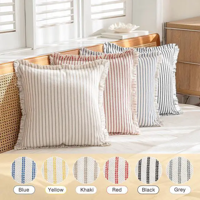 Alt view image 5 of 6 - Throw Pillow Covers 18x18 Boho Striped Pillow Cases with Tassel | Set of 2 Fringe Pillow Cover Farmhouse Cushion Covers Neutral Pillows Decorative Square Pillowcase for Couch Sofa Bed, Khaki