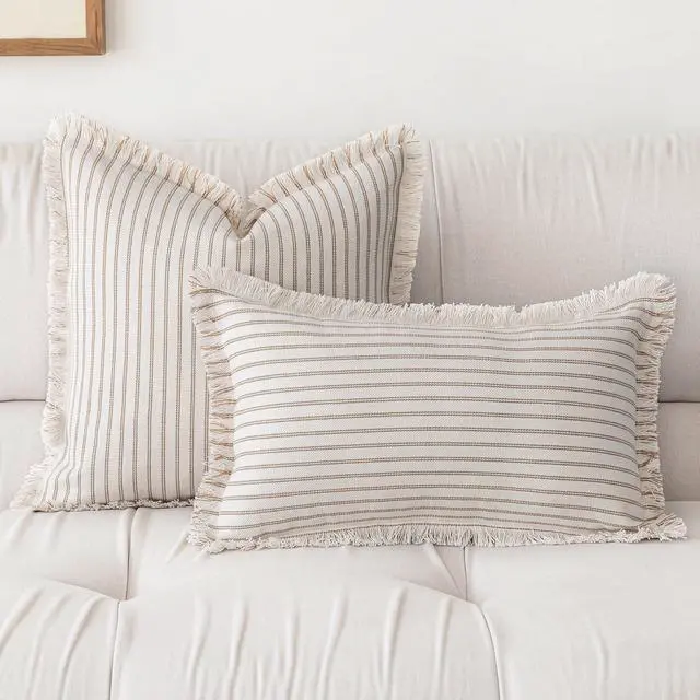 Alt view image 2 of 6 - Throw Pillow Covers 18x18 Boho Striped Pillow Cases with Tassel | Set of 2 Fringe Pillow Cover Farmhouse Cushion Covers Neutral Pillows Decorative Square Pillowcase for Couch Sofa Bed, Khaki