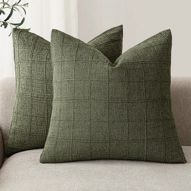 Main image of Boho Linen Check Decorative Throw Pillow Cover 20×20 Olive Green | Set of 2 Neutral Farmhouse Textured Cushion Cover,Modern Plaid Home Decor,Soft Cover for Sofa Chair Couch Bedroom Living Room