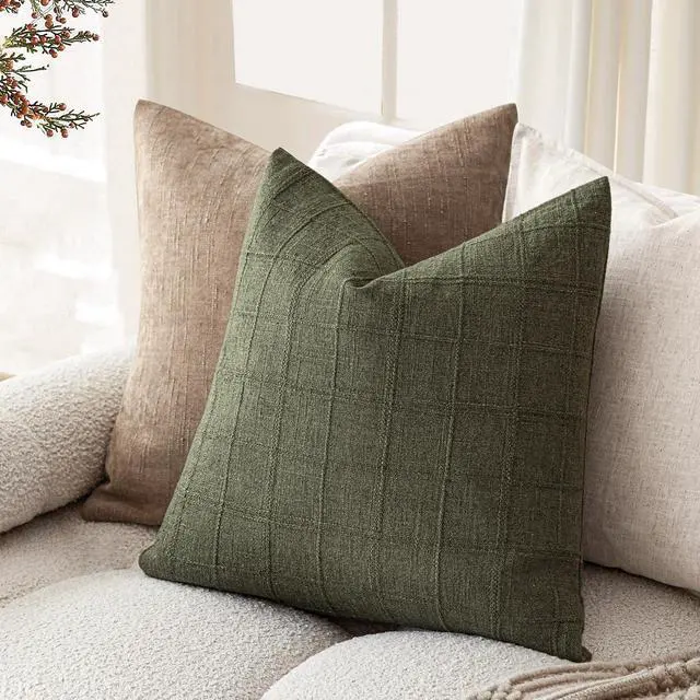 Alt view image 5 of 7 - Boho Linen Check Decorative Throw Pillow Cover 20×20 Olive Green | Set of 2 Neutral Farmhouse Textured Cushion Cover,Modern Plaid Home Decor,Soft Cover for Sofa Chair Couch Bedroom Living Room
