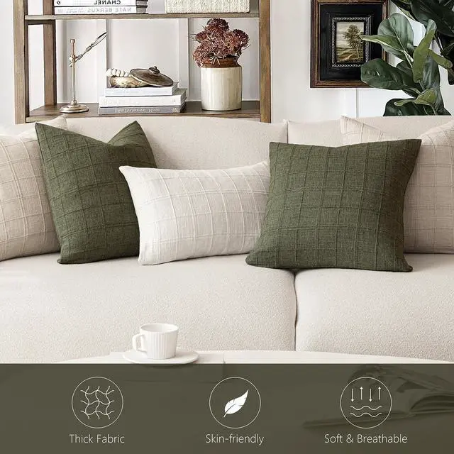Alt view image 7 of 7 - Boho Linen Check Decorative Throw Pillow Cover 20×20 Olive Green | Set of 2 Neutral Farmhouse Textured Cushion Cover,Modern Plaid Home Decor,Soft Cover for Sofa Chair Couch Bedroom Living Room
