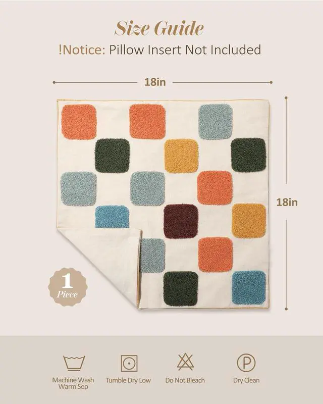 Alt view image 4 of 6 - Embroidered Throw Pillow Cover 18x18 Inch, Colorful Plaid | Decorative Pillow Cover, Eclectic Canvas Cushion Case with Hidden Zipper, Country Decor for Couch, Sofa, Living Room, Bed