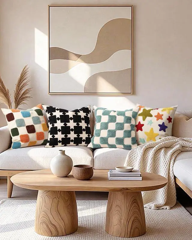 Alt view image 5 of 6 - Embroidered Throw Pillow Cover 18x18 Inch, Colorful Plaid | Decorative Pillow Cover, Eclectic Canvas Cushion Case with Hidden Zipper, Country Decor for Couch, Sofa, Living Room, Bed