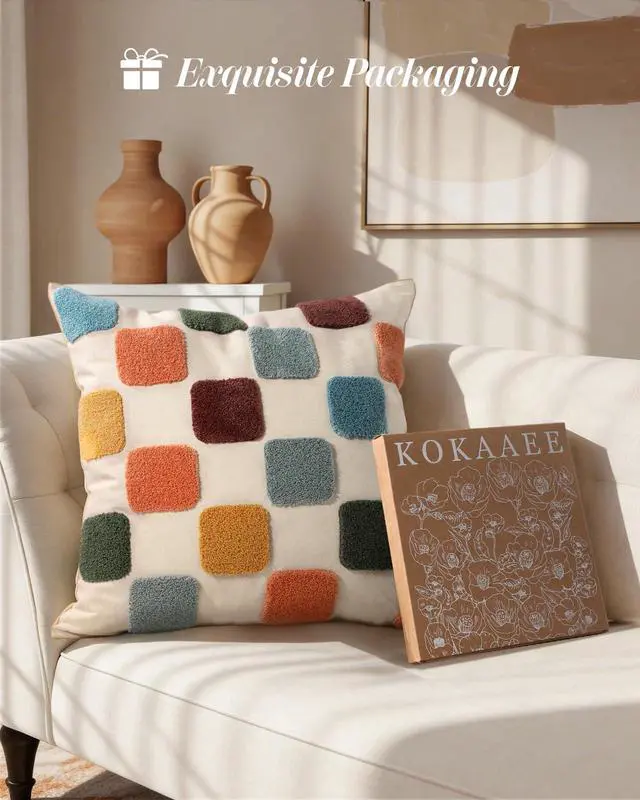 Alt view image 6 of 6 - Embroidered Throw Pillow Cover 18x18 Inch, Colorful Plaid | Decorative Pillow Cover, Eclectic Canvas Cushion Case with Hidden Zipper, Country Decor for Couch, Sofa, Living Room, Bed