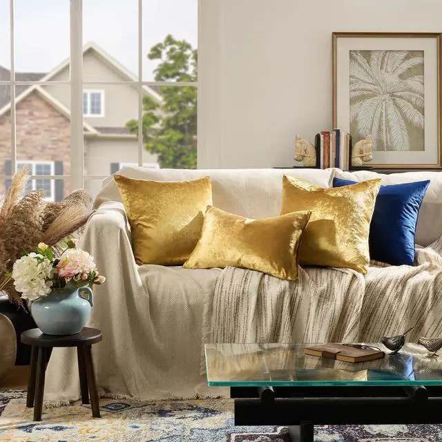 Alt view image 7 of 7 - Gold Velvet Pillow Covers 18x18 Decorative Pillows Pack of 2 | Throw Pillows for Couch Sofa,300gsm Soft Textured Fabric,Modern Square Accent Pillowcases,Luxury Cushion Covers