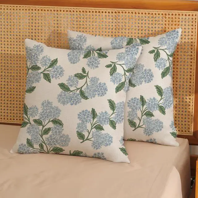 Alt view image 2 of 7 - Floral Outdoor Pillow Covers 18x18 Inch Set of 2 Blue Green | Hydrangea Decor,Vintage Flower Decorative Throw Pillows,Spring Farmhouse Pillowcase,Linen Cushion Cover for Couch Sofa