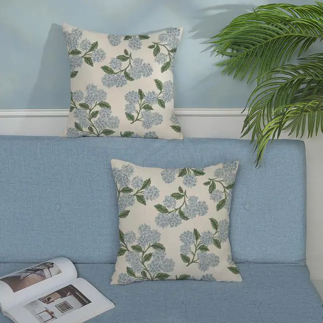 Alt view image 3 of 7 - Floral Outdoor Pillow Covers 18x18 Inch Set of 2 Blue Green | Hydrangea Decor,Vintage Flower Decorative Throw Pillows,Spring Farmhouse Pillowcase,Linen Cushion Cover for Couch Sofa