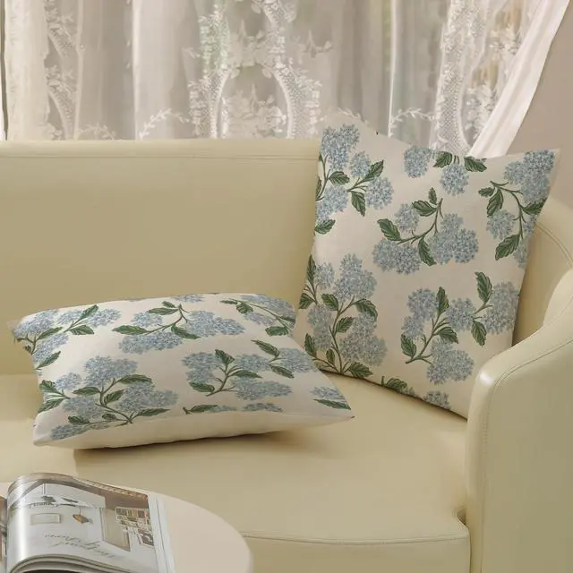 Alt view image 4 of 7 - Floral Outdoor Pillow Covers 18x18 Inch Set of 2 Blue Green | Hydrangea Decor,Vintage Flower Decorative Throw Pillows,Spring Farmhouse Pillowcase,Linen Cushion Cover for Couch Sofa