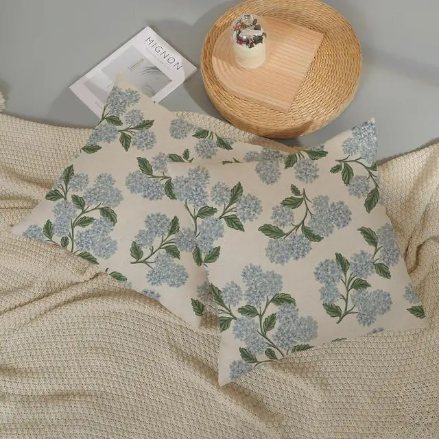 Alt view image 5 of 7 - Floral Outdoor Pillow Covers 18x18 Inch Set of 2 Blue Green | Hydrangea Decor,Vintage Flower Decorative Throw Pillows,Spring Farmhouse Pillowcase,Linen Cushion Cover for Couch Sofa