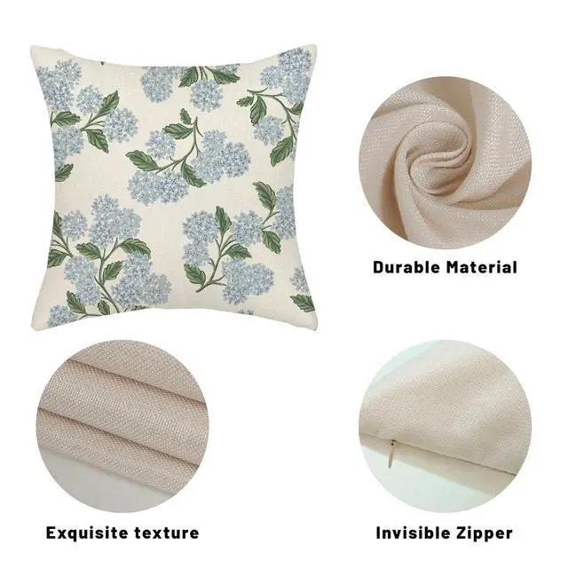 Alt view image 7 of 7 - Floral Outdoor Pillow Covers 18x18 Inch Set of 2 Blue Green | Hydrangea Decor,Vintage Flower Decorative Throw Pillows,Spring Farmhouse Pillowcase,Linen Cushion Cover for Couch Sofa
