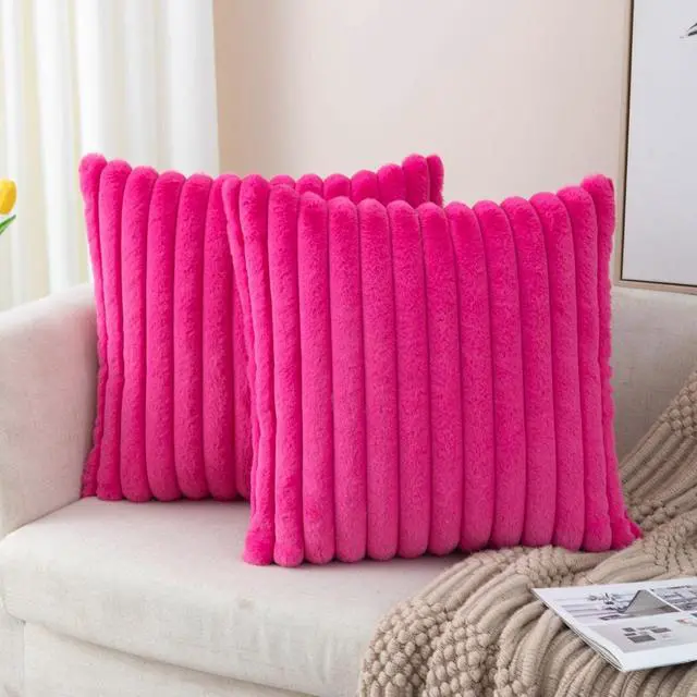 Alt view image 2 of 6 - Hot Pink Striped Faux Fur Throw Pillow Covers 18 x 18 Inch | 2Pack, boho striped pillow covers,velvet back,fuzzy plush cushion covers , for sofa bed livingroom home decor