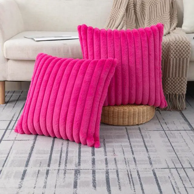 Main image of Hot Pink Striped Faux Fur Throw Pillow Covers 18 x 18 Inch | 2Pack, boho striped pillow covers,velvet back,fuzzy plush cushion covers , for sofa bed livingroom home decor