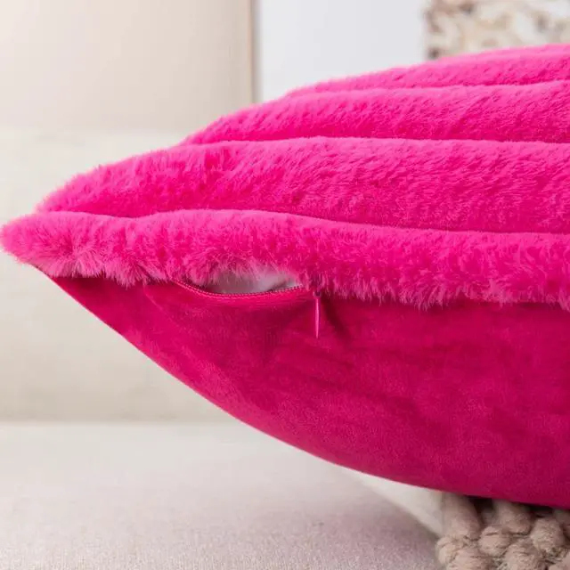 Alt view image 4 of 6 - Hot Pink Striped Faux Fur Throw Pillow Covers 18 x 18 Inch | 2Pack, boho striped pillow covers,velvet back,fuzzy plush cushion covers , for sofa bed livingroom home decor