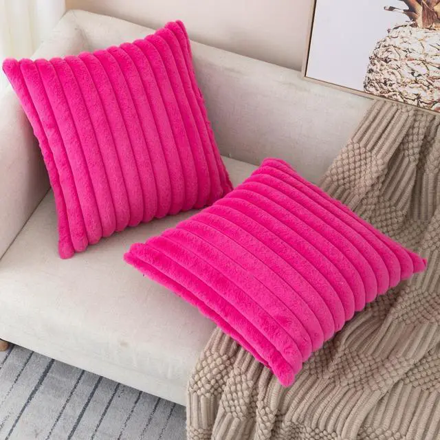 Alt view image 5 of 6 - Hot Pink Striped Faux Fur Throw Pillow Covers 18 x 18 Inch | 2Pack, boho striped pillow covers,velvet back,fuzzy plush cushion covers , for sofa bed livingroom home decor