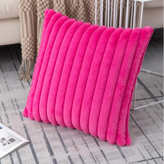 Alt view image 6 of 6 - Hot Pink Striped Faux Fur Throw Pillow Covers 18 x 18 Inch | 2Pack, boho striped pillow covers,velvet back,fuzzy plush cushion covers , for sofa bed livingroom home decor