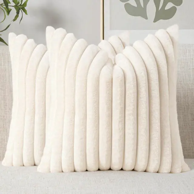 Main image of Faux Fur Decorative Throw Pillow Covers 18x18 Set of 2 Beige | Cream White Modern Soft Plush Couch Pillows, Cozy Fluffy Cushion Covers for Sofa Bed Living Room Home Decor