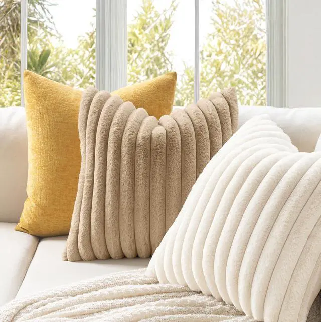 Alt view image 3 of 7 - Faux Fur Decorative Throw Pillow Covers 18x18 Set of 2 Beige | Cream White Modern Soft Plush Couch Pillows, Cozy Fluffy Cushion Covers for Sofa Bed Living Room Home Decor
