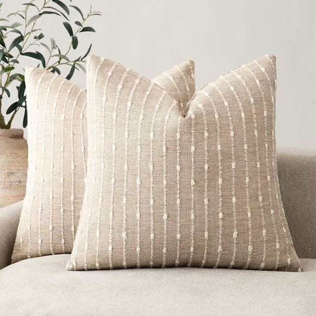 Main image of Decorative Striped Boucle Throw Pillow Cover 18x18 Natural Beige | Pack of 2 Accent Textured Neutral Pillowcases,Boho Modern Cushion Covers,Rustic Home Decor for Couch Sofa Bedroom Living Room