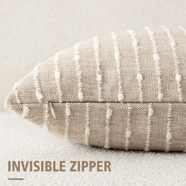Alt view image 3 of 7 - Decorative Striped Boucle Throw Pillow Cover 18x18 Natural Beige | Pack of 2 Accent Textured Neutral Pillowcases,Boho Modern Cushion Covers,Rustic Home Decor for Couch Sofa Bedroom Living Room