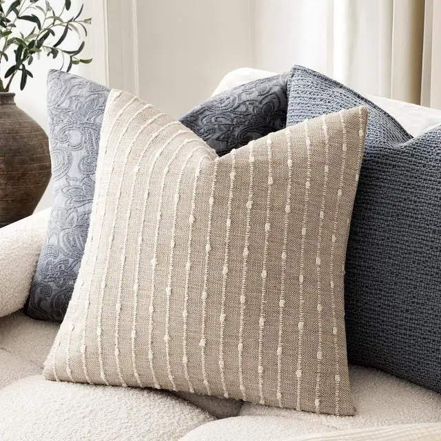 Alt view image 5 of 7 - Decorative Striped Boucle Throw Pillow Cover 18x18 Natural Beige | Pack of 2 Accent Textured Neutral Pillowcases,Boho Modern Cushion Covers,Rustic Home Decor for Couch Sofa Bedroom Living Room