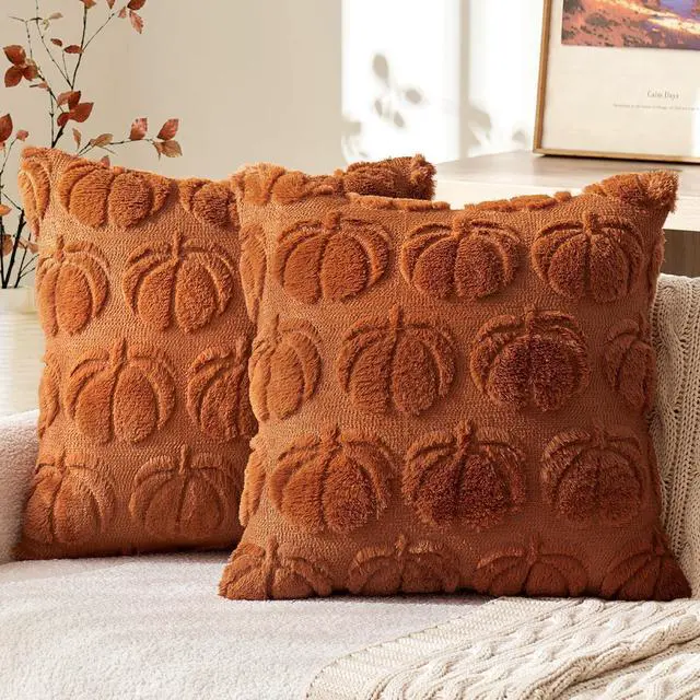 Main image of Fall Pillow Covers Pumpkin Fall Decor 18x18 Dark Rust | Set of 2 Fall Decorations for Home, Plush Faux Fur Farmhouse Accent Pillowcases, Porch Sofa Couch Cushion Bed Livingroom