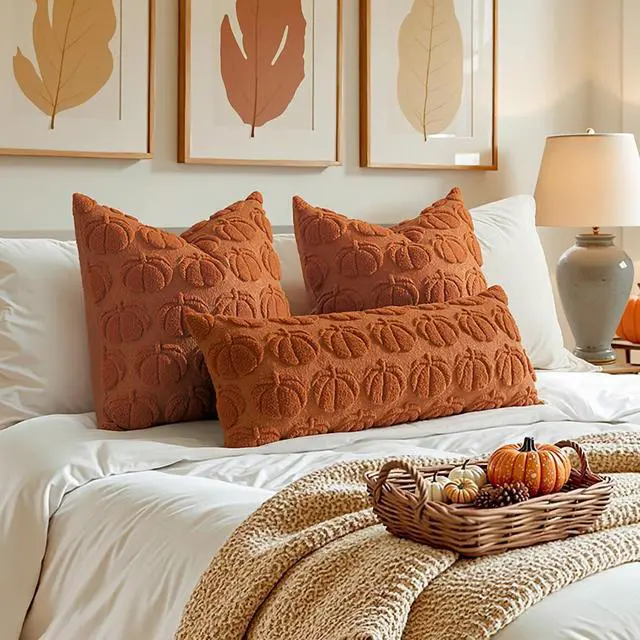 Alt view image 4 of 7 - Fall Pillow Covers Pumpkin Fall Decor 18x18 Dark Rust | Set of 2 Fall Decorations for Home, Plush Faux Fur Farmhouse Accent Pillowcases, Porch Sofa Couch Cushion Bed Livingroom