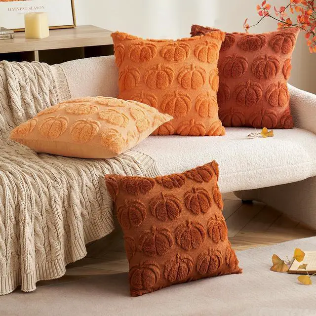 Alt view image 3 of 7 - Fall Pillow Covers Pumpkin Fall Decor 18x18 Dark Rust | Set of 2 Fall Decorations for Home, Plush Faux Fur Farmhouse Accent Pillowcases, Porch Sofa Couch Cushion Bed Livingroom