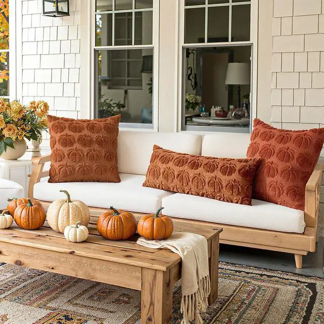 Alt view image 5 of 7 - Fall Pillow Covers Pumpkin Fall Decor 18x18 Dark Rust | Set of 2 Fall Decorations for Home, Plush Faux Fur Farmhouse Accent Pillowcases, Porch Sofa Couch Cushion Bed Livingroom